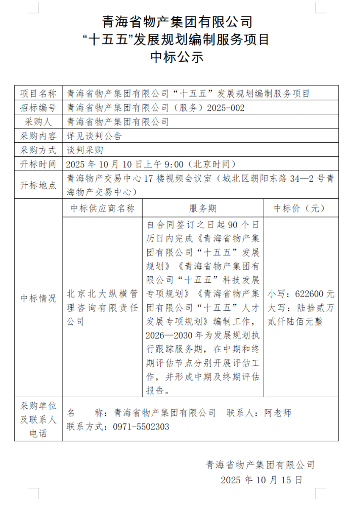 青海省物產(chǎn)集團有限公司 “十五五”發(fā)展規(guī)劃編制服務(wù)項目 中標公示